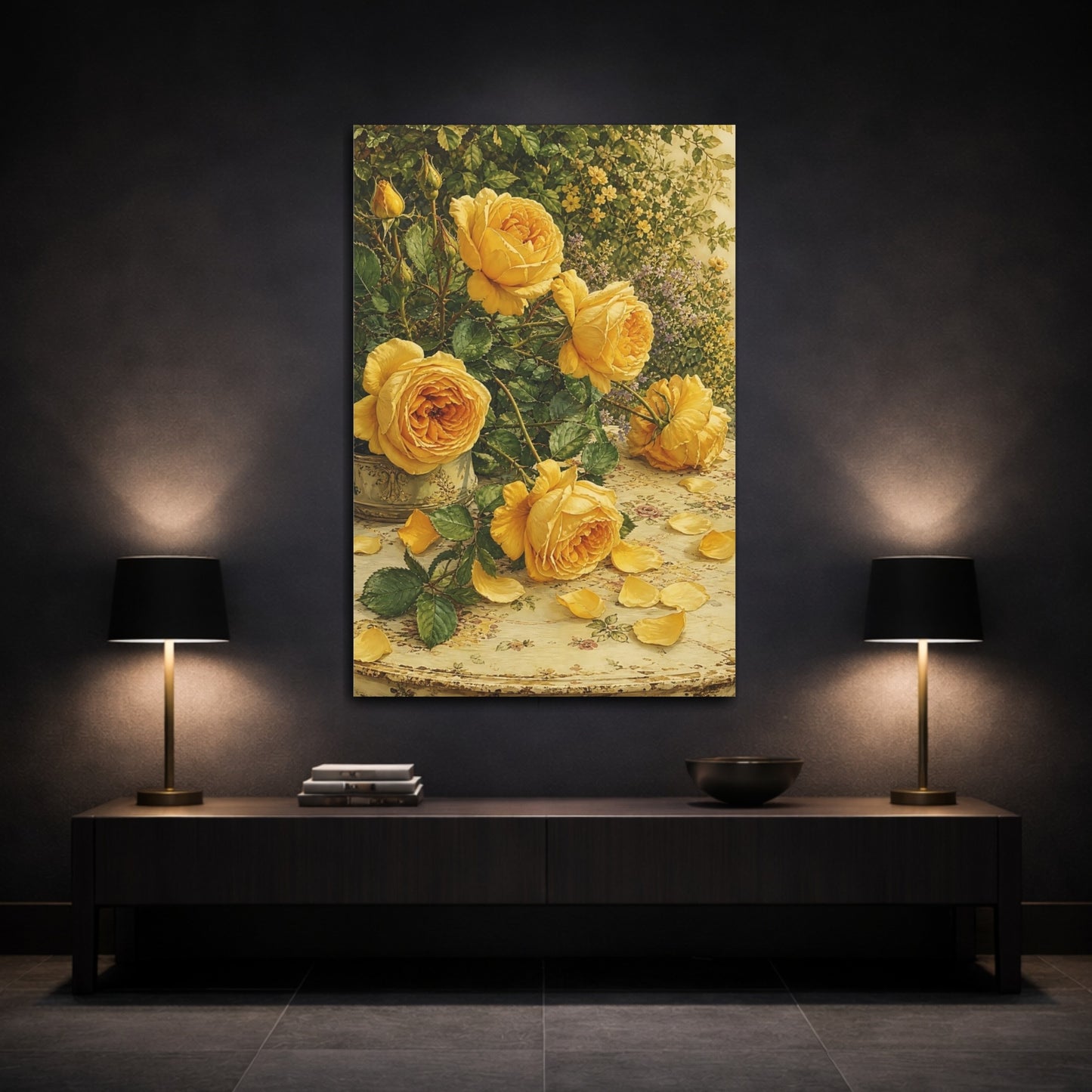Mockup 3. Floral Yellow Roses Yellow Roses shown as stretched canvas wall art