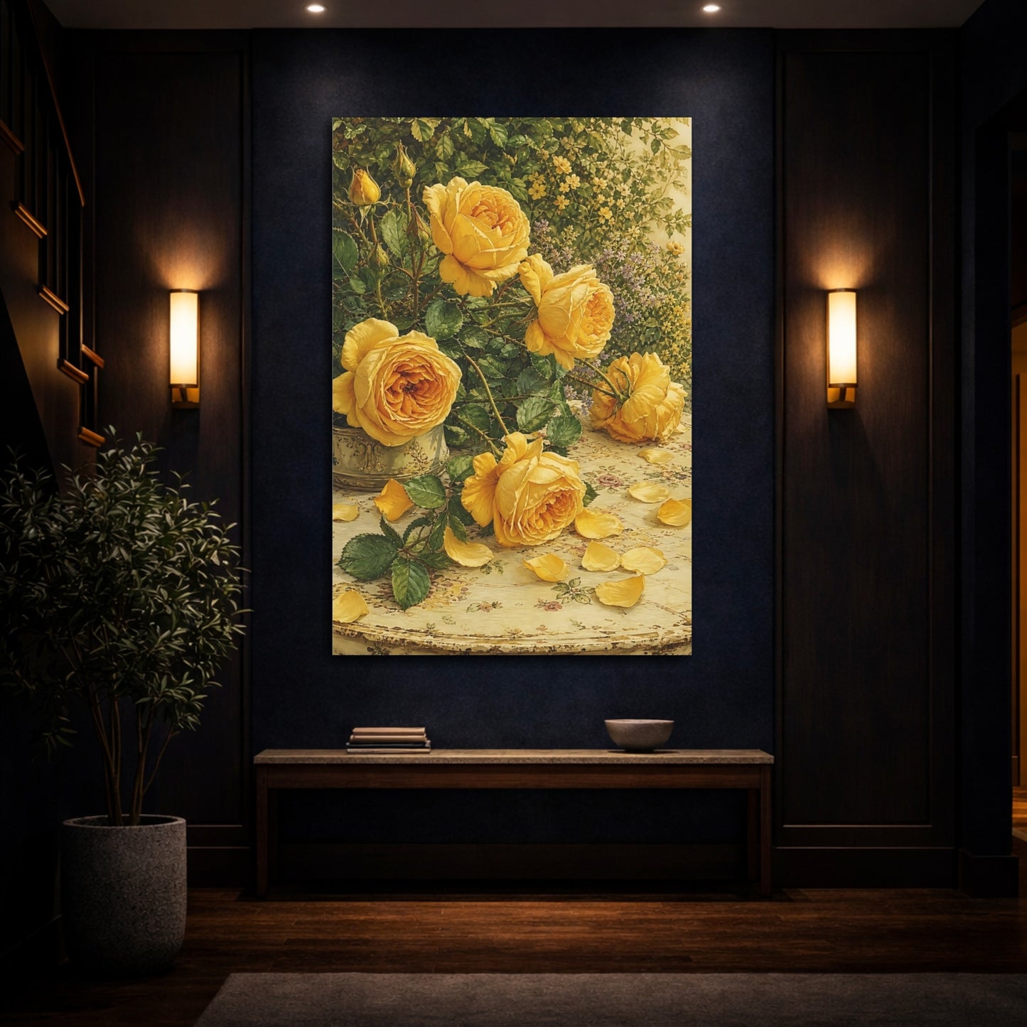 Mockup 4. Floral Yellow Roses Yellow Roses shown as stretched canvas wall art