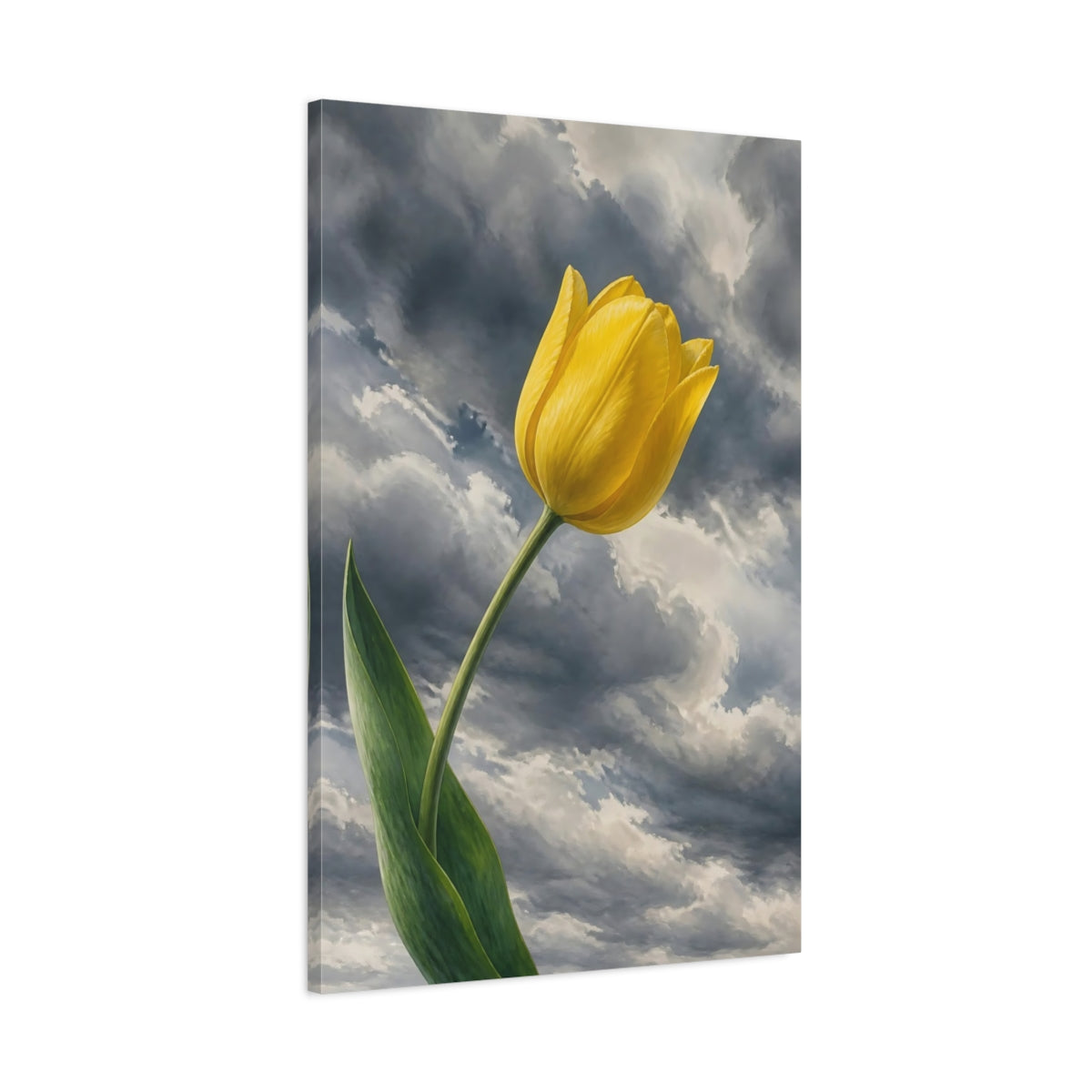 Main Mockup. Floral Yellow Tulip Yellow And Grey Tulip shown as stretched canvas wall art