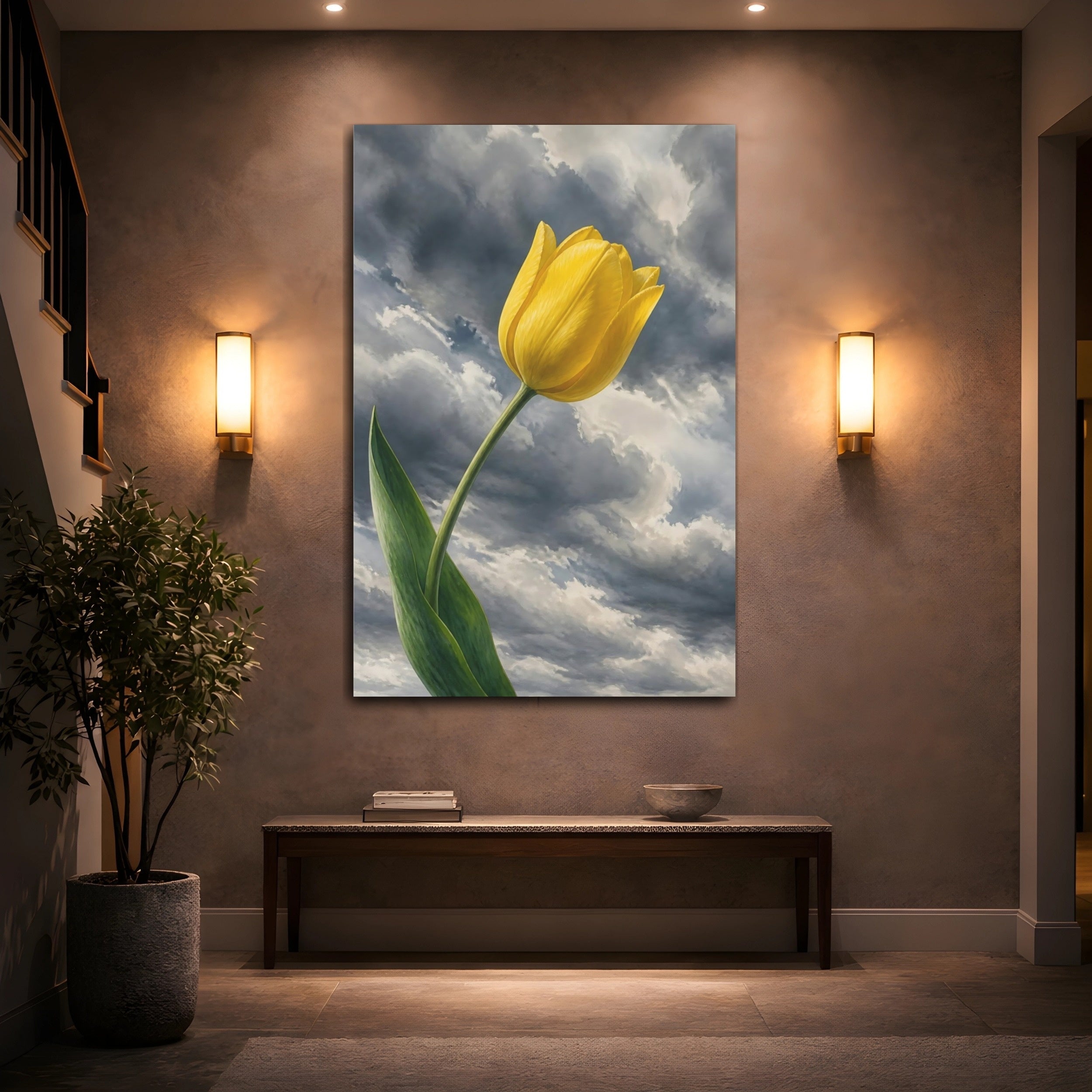 Mockup 2. Floral Yellow Tulip Yellow And Grey Tulip shown as stretched canvas wall art
