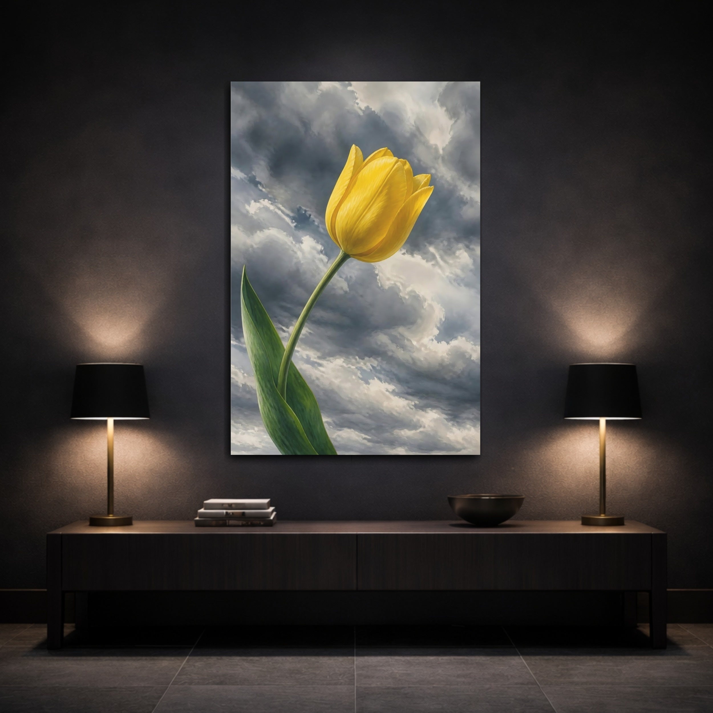 Mockup 3. Floral Yellow Tulip Yellow And Grey Tulip shown as stretched canvas wall art