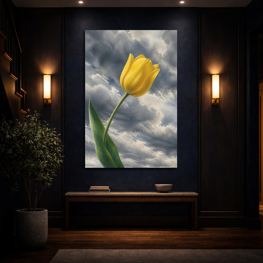 Mockup 4. Floral Yellow Tulip Yellow And Grey Tulip shown as stretched canvas wall art