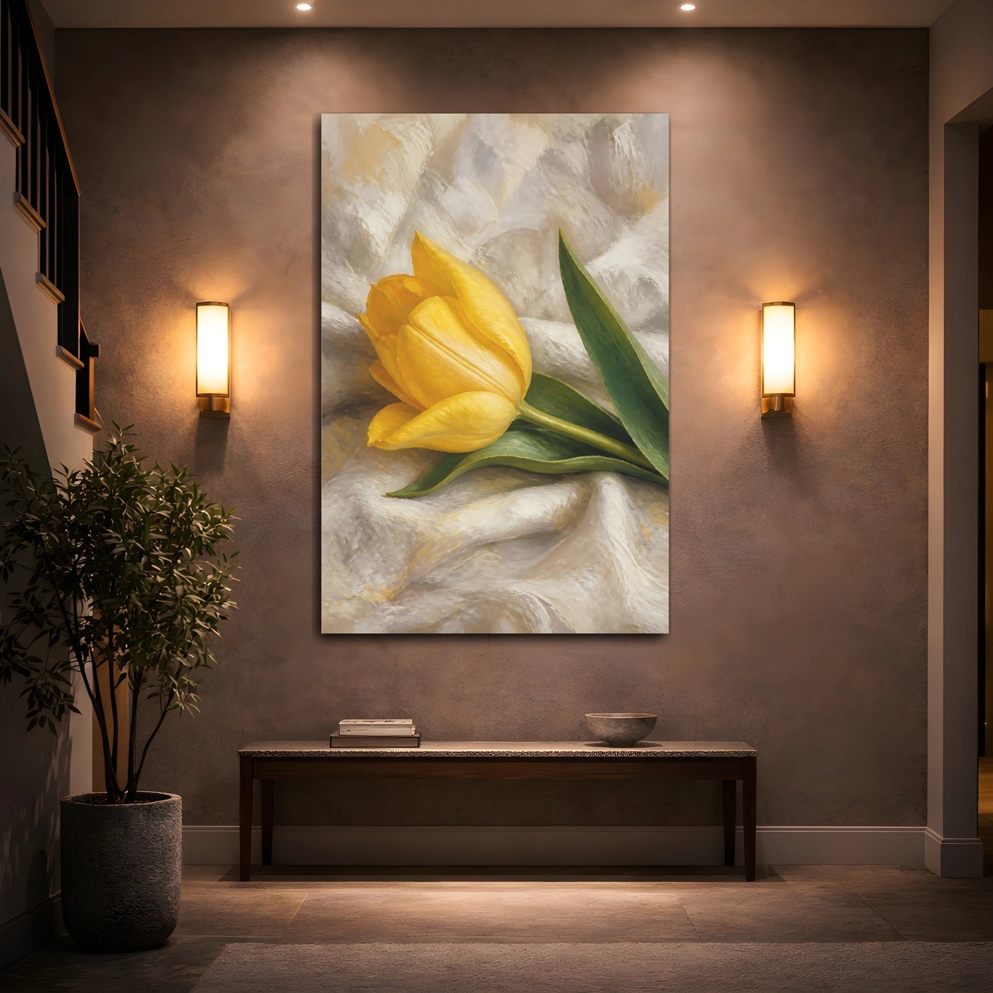 Mockup 2. Floral Yellow Tulip Yellow Tulip Floral shown as stretched canvas wall art