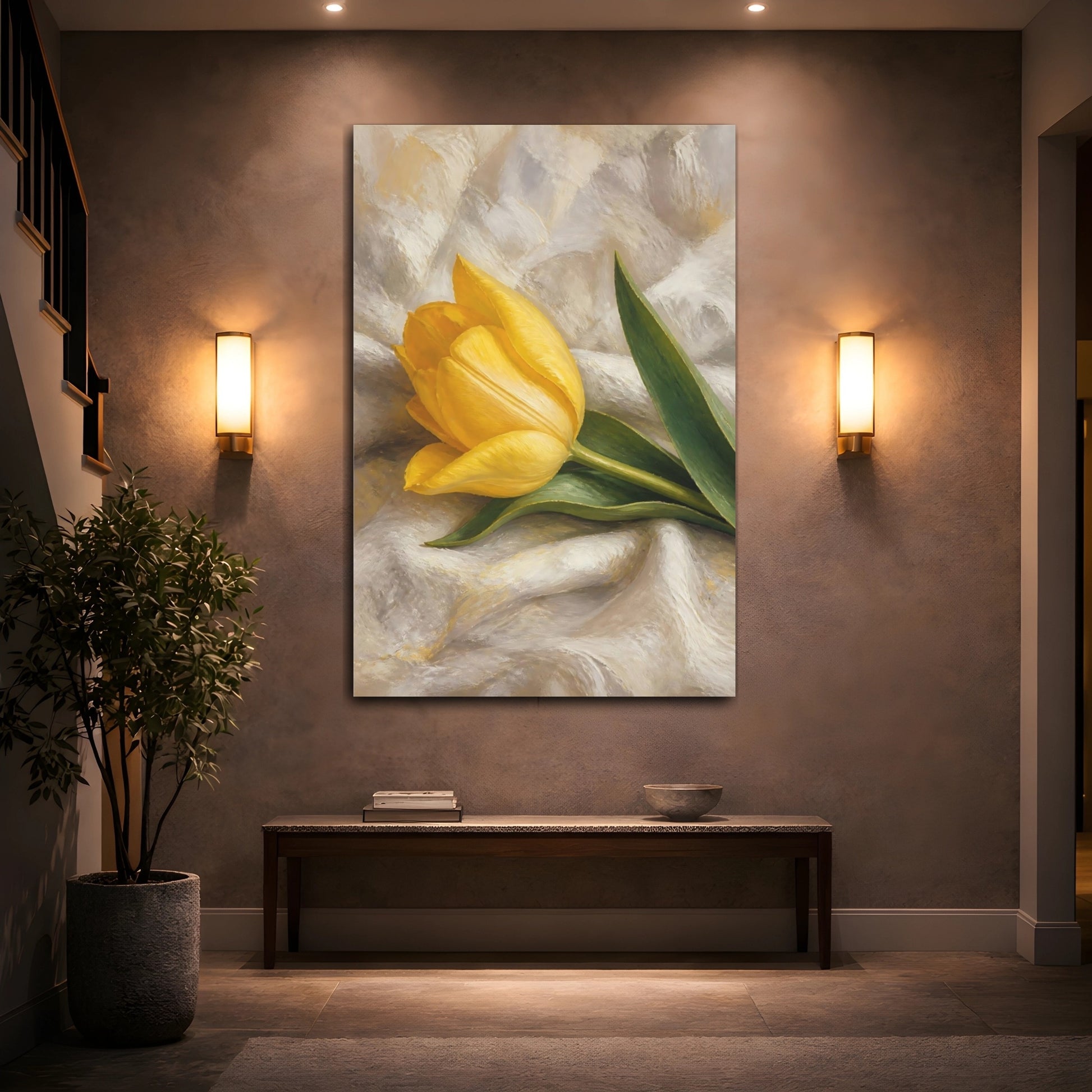 Mockup 2. Floral Yellow Tulip Yellow Tulip Floral shown as stretched canvas wall art
