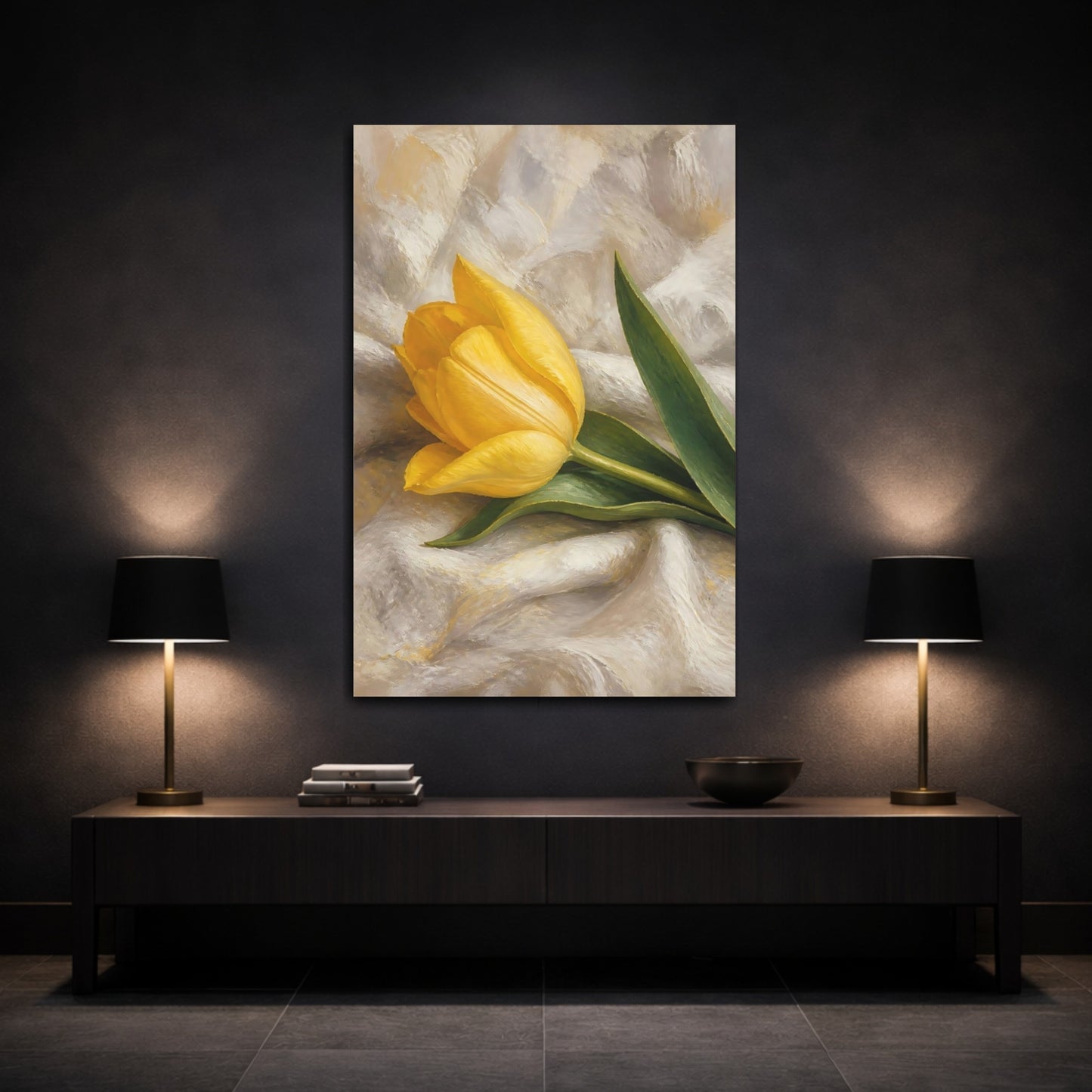 Mockup 3. Floral Yellow Tulip Yellow Tulip Floral shown as stretched canvas wall art