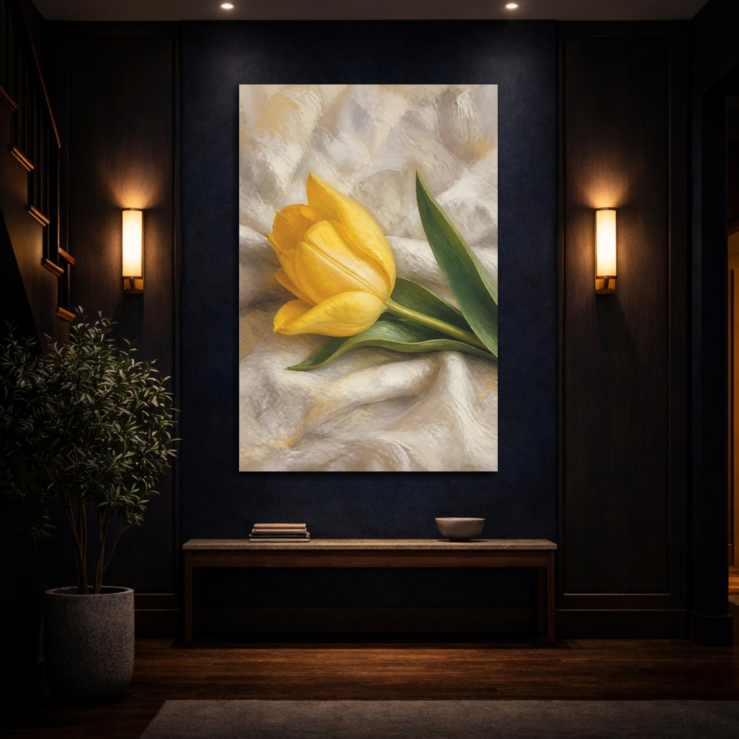 Mockup 4. Floral Yellow Tulip Yellow Tulip Floral shown as stretched canvas wall art