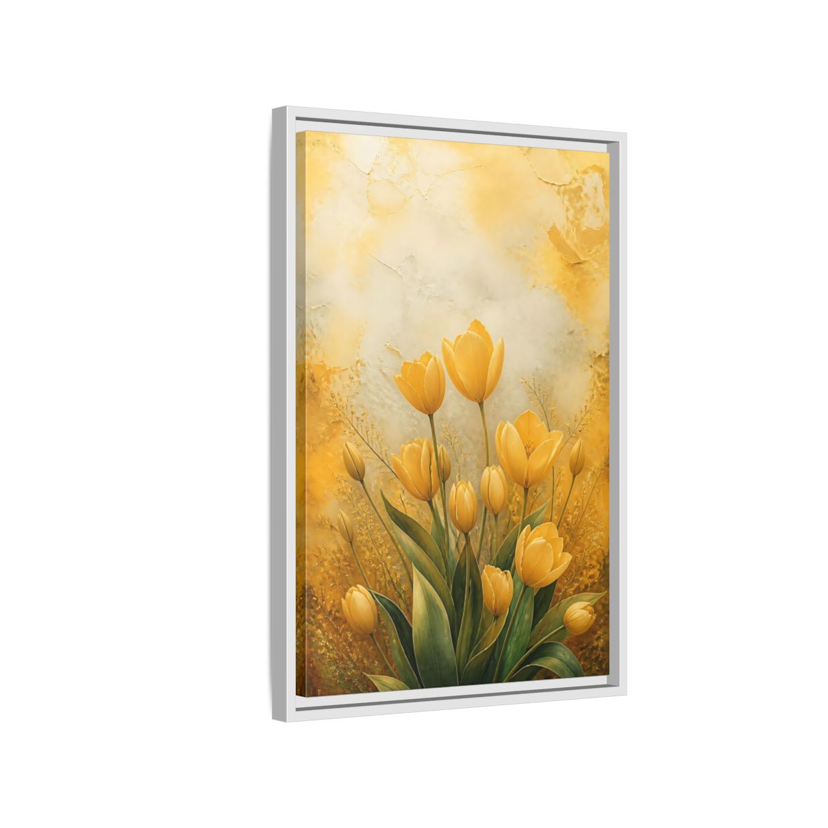Side Mockup 1. Floral Yellow Tulips Yellow Tulips shown as stretched canvas wall art