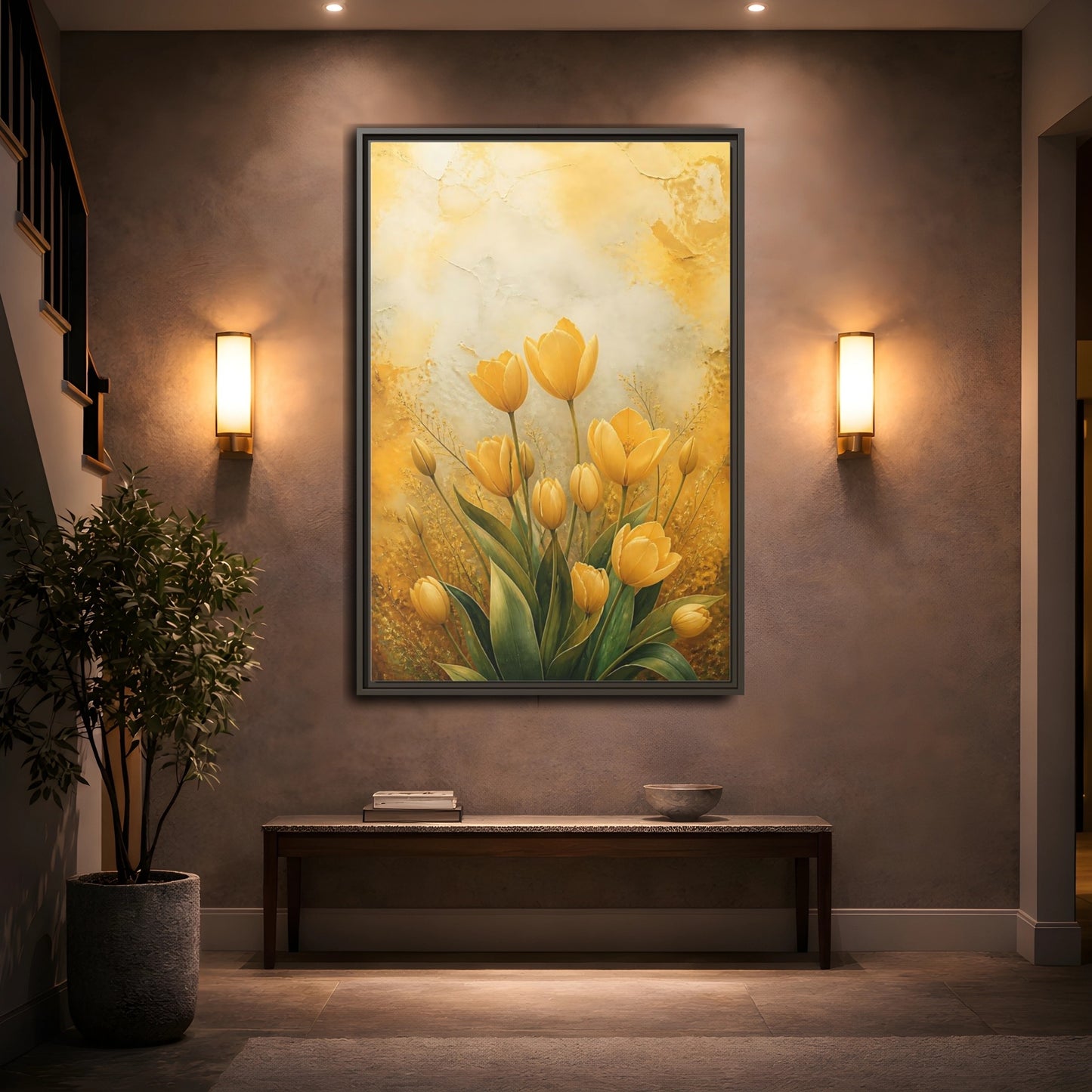 Mockup 2. Floral Yellow Tulips Yellow Tulips shown as stretched canvas wall art