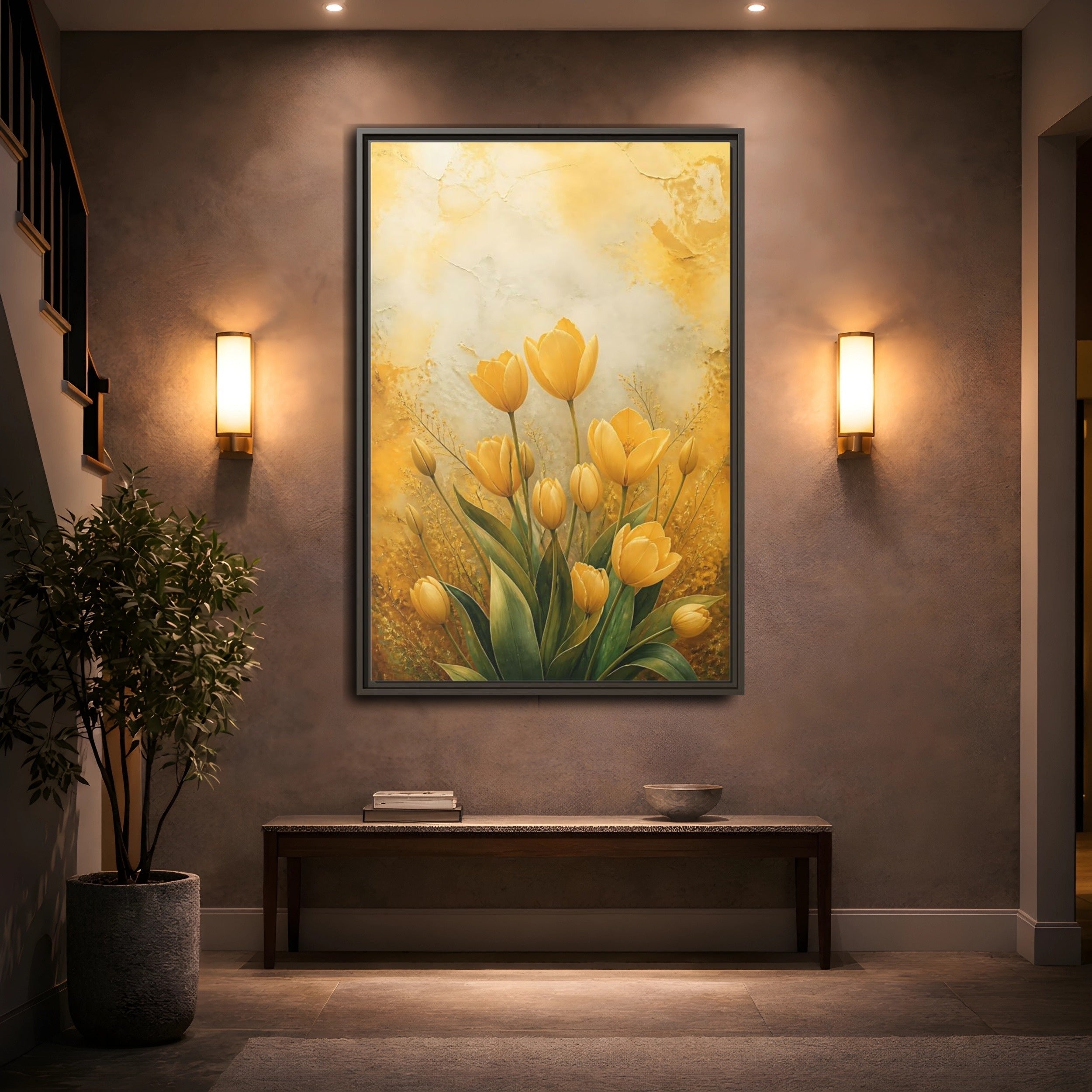 Mockup 2. Floral Yellow Tulips Yellow Tulips shown as stretched canvas wall art