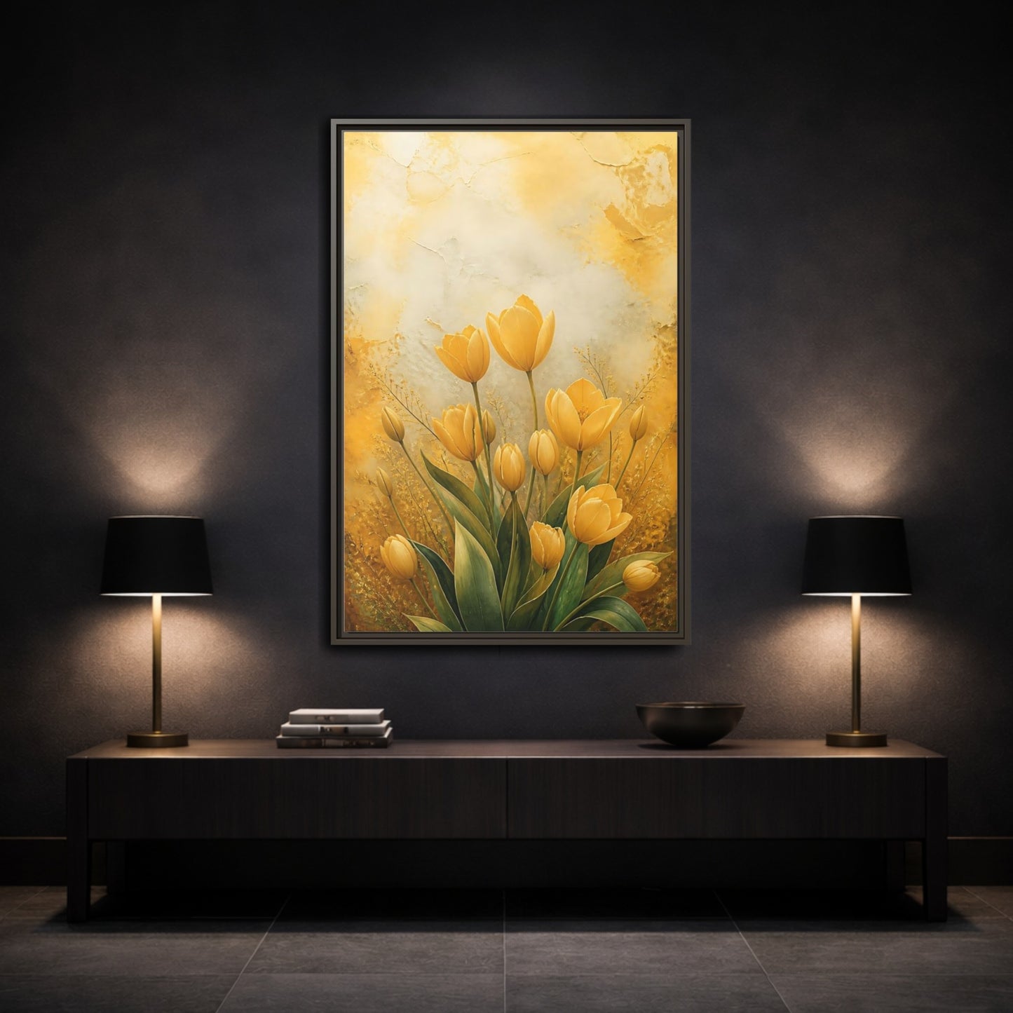 Mockup 3. Floral Yellow Tulips Yellow Tulips shown as stretched canvas wall art