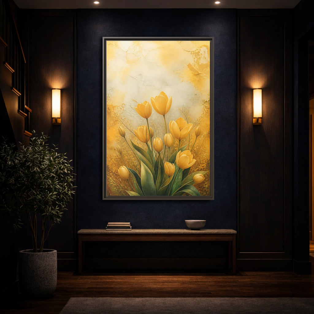 Mockup 4. Floral Yellow Tulips Yellow Tulips shown as stretched canvas wall art