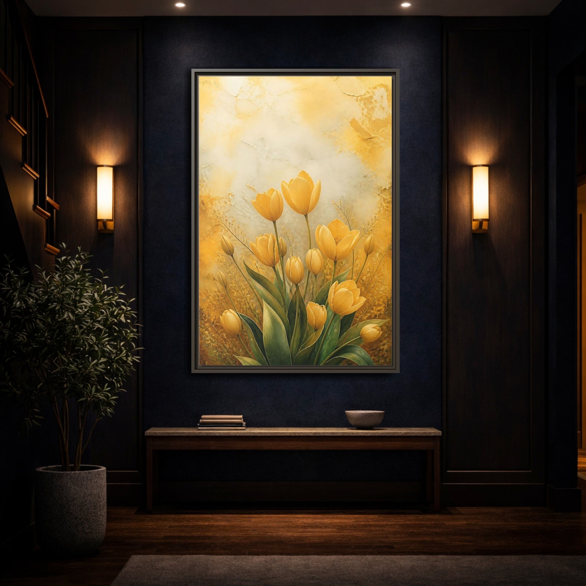 Mockup 4. Floral Yellow Tulips Yellow Tulips shown as stretched canvas wall art