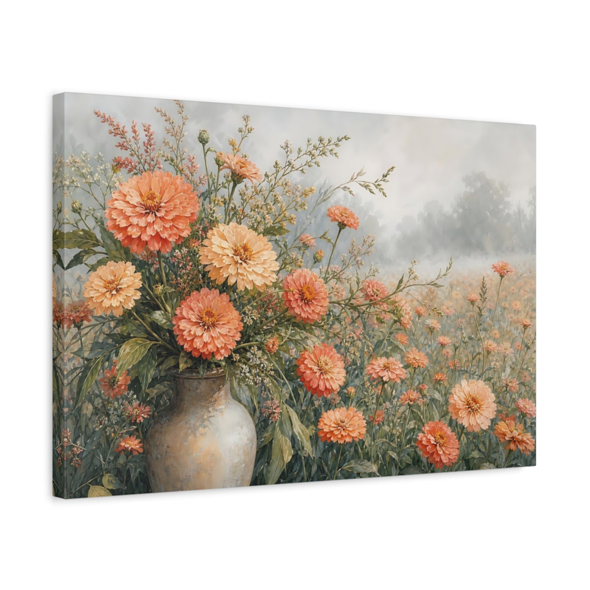Side Mockup 3. Floral Zinnia Flowers Peach And Green Floral shown as stretched canvas wall art