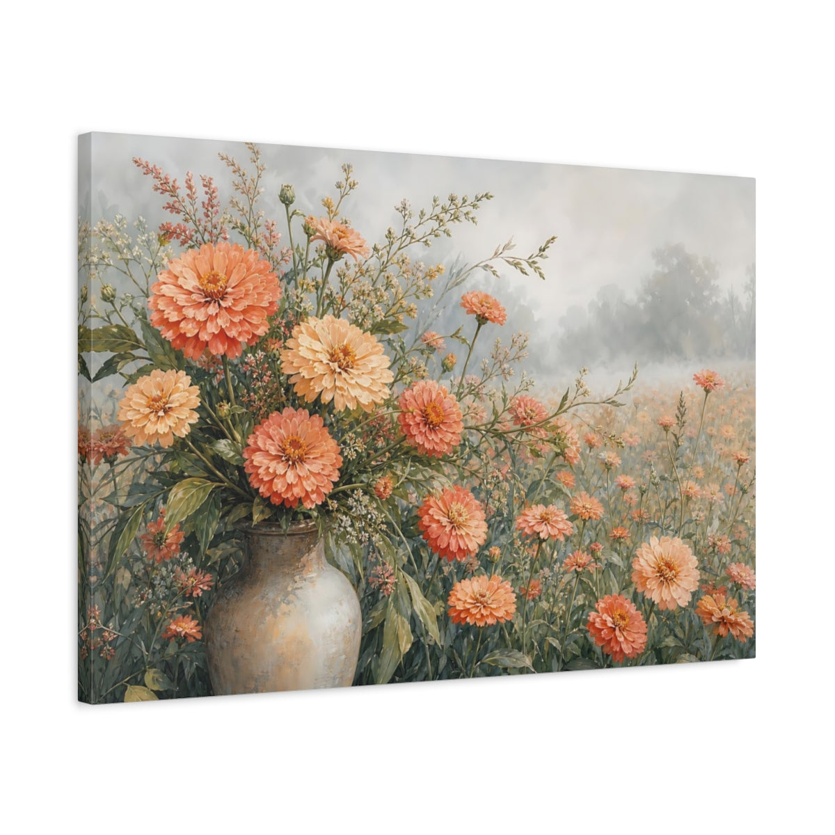 Side Mockup 2. Floral Zinnia Flowers Peach And Green Floral shown as stretched canvas wall art