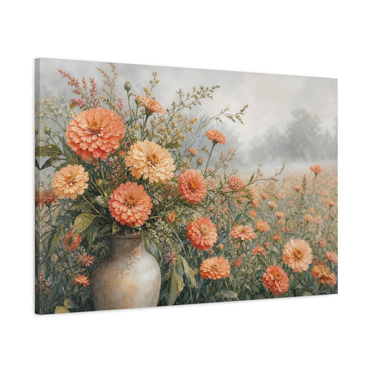 Main Mockup. Floral Zinnia Flowers Peach And Green Floral shown as stretched canvas wall art