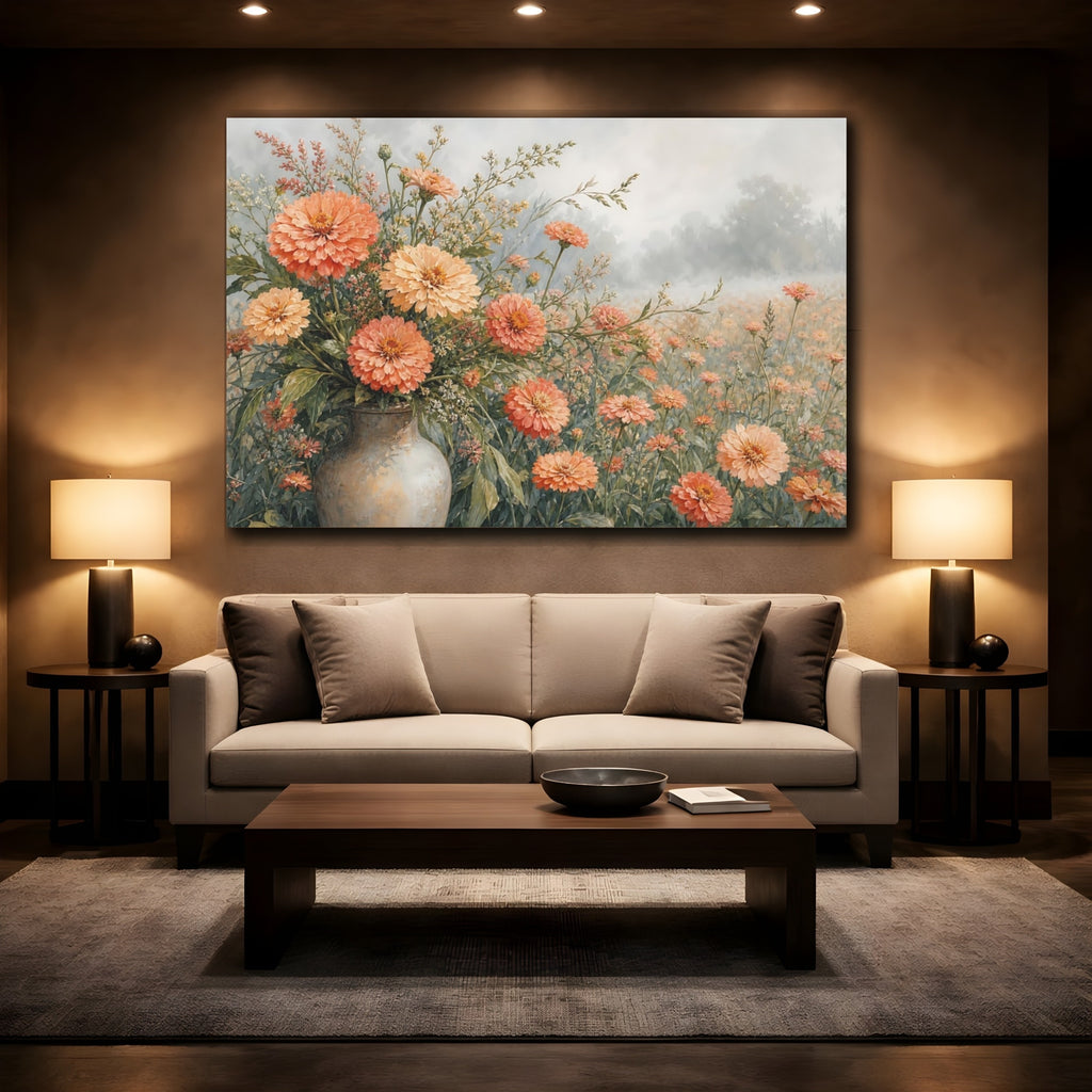 Mockup 2. Floral Zinnia Flowers Peach And Green Floral shown as stretched canvas wall art