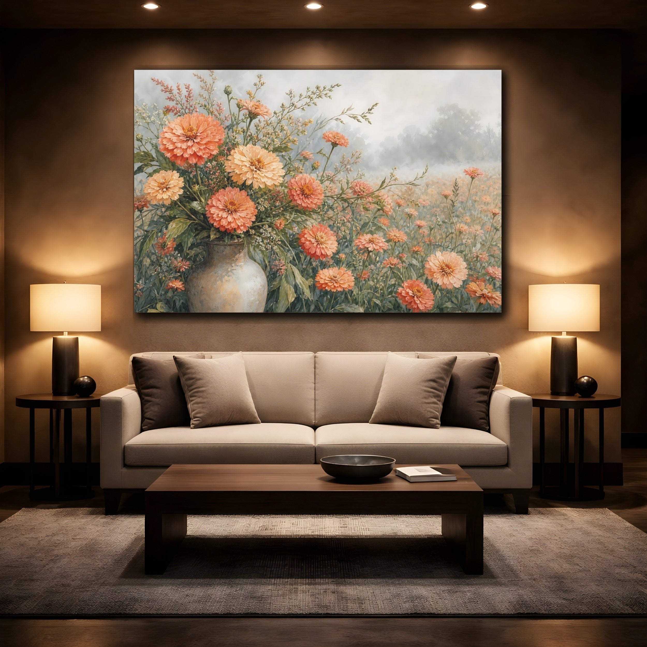 Mockup 2. Floral Zinnia Flowers Peach And Green Floral shown as stretched canvas wall art