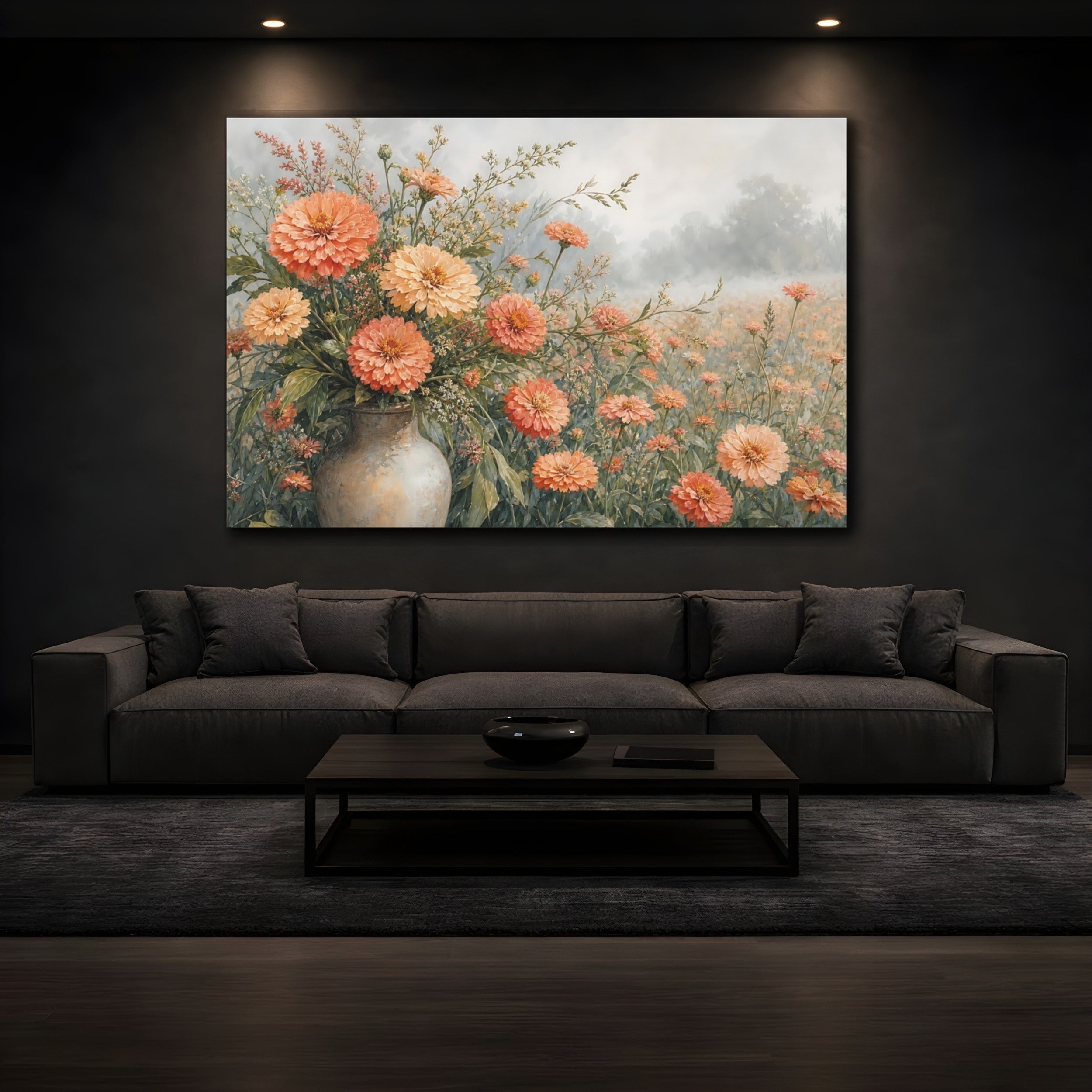 Mockup 3. Floral Zinnia Flowers Peach And Green Floral shown as stretched canvas wall art