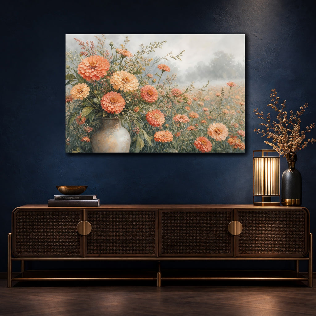 Mockup 4. Floral Zinnia Flowers Peach And Green Floral shown as stretched canvas wall art