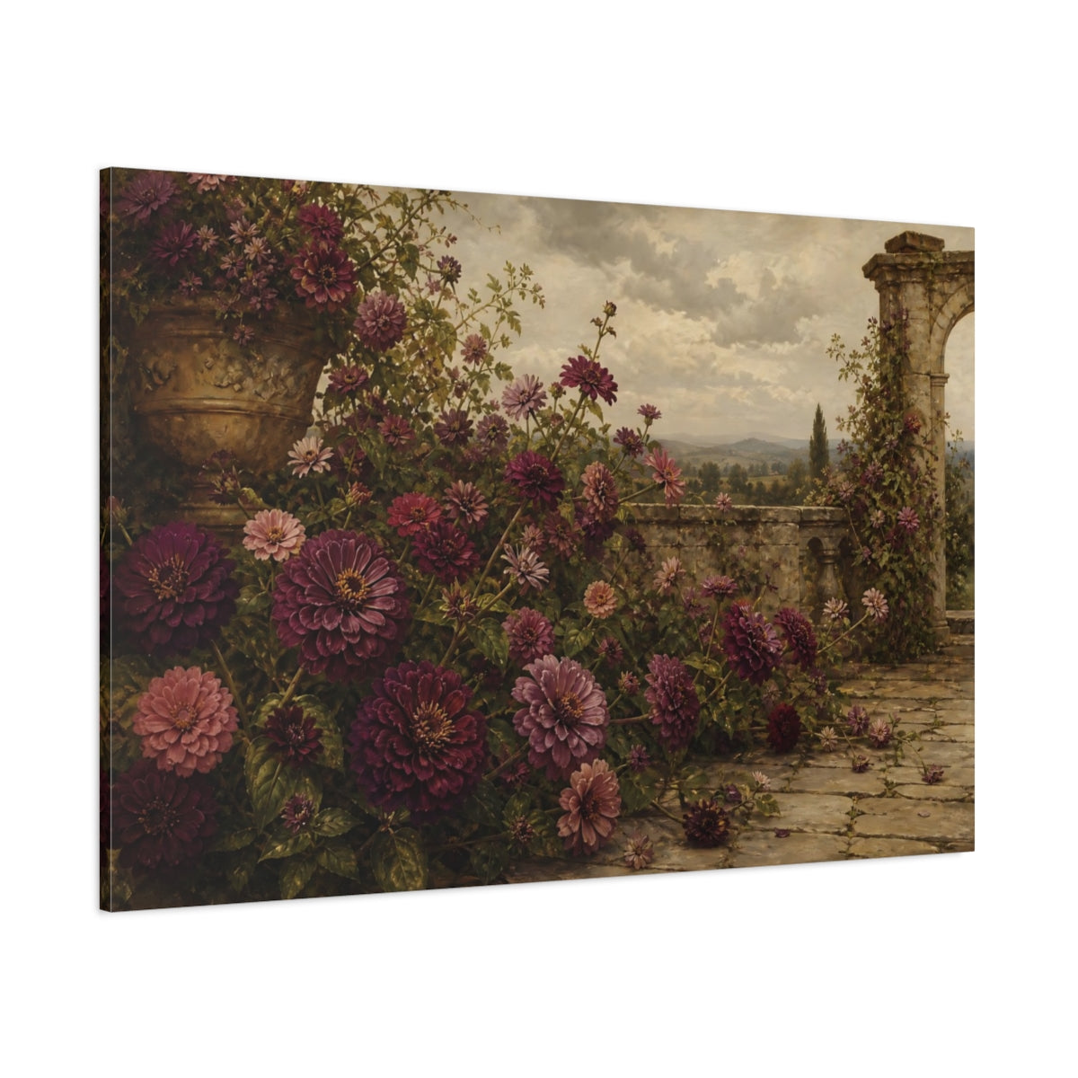 Side Mockup 1. Floral Zinnia Flowers Purple Garden Floral shown as stretched canvas wall art