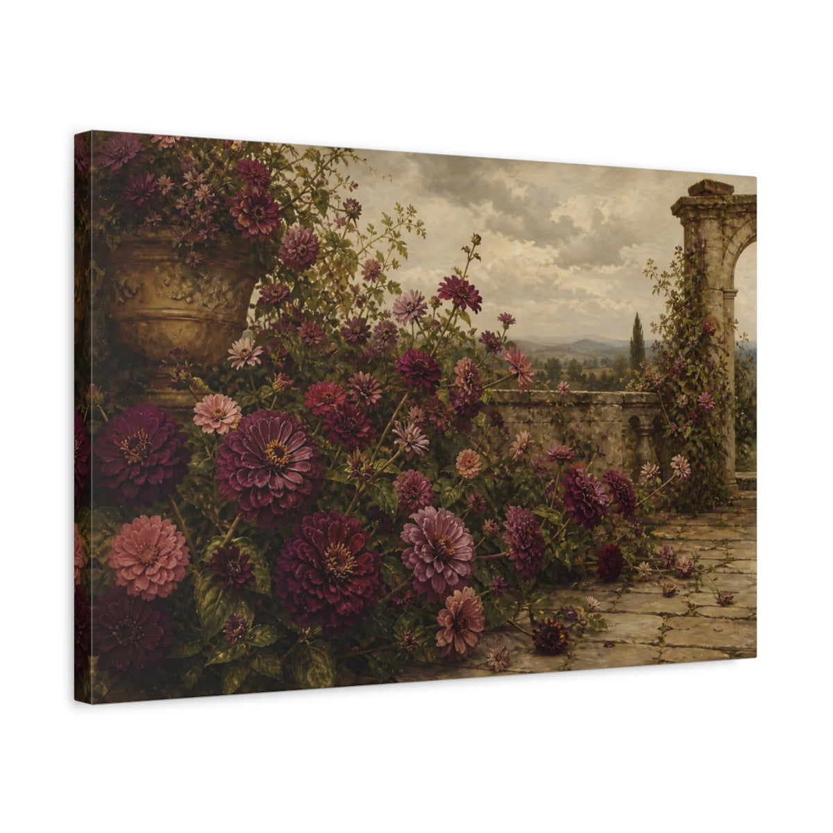 Side Mockup 3. Floral Zinnia Flowers Purple Garden Floral shown as stretched canvas wall art