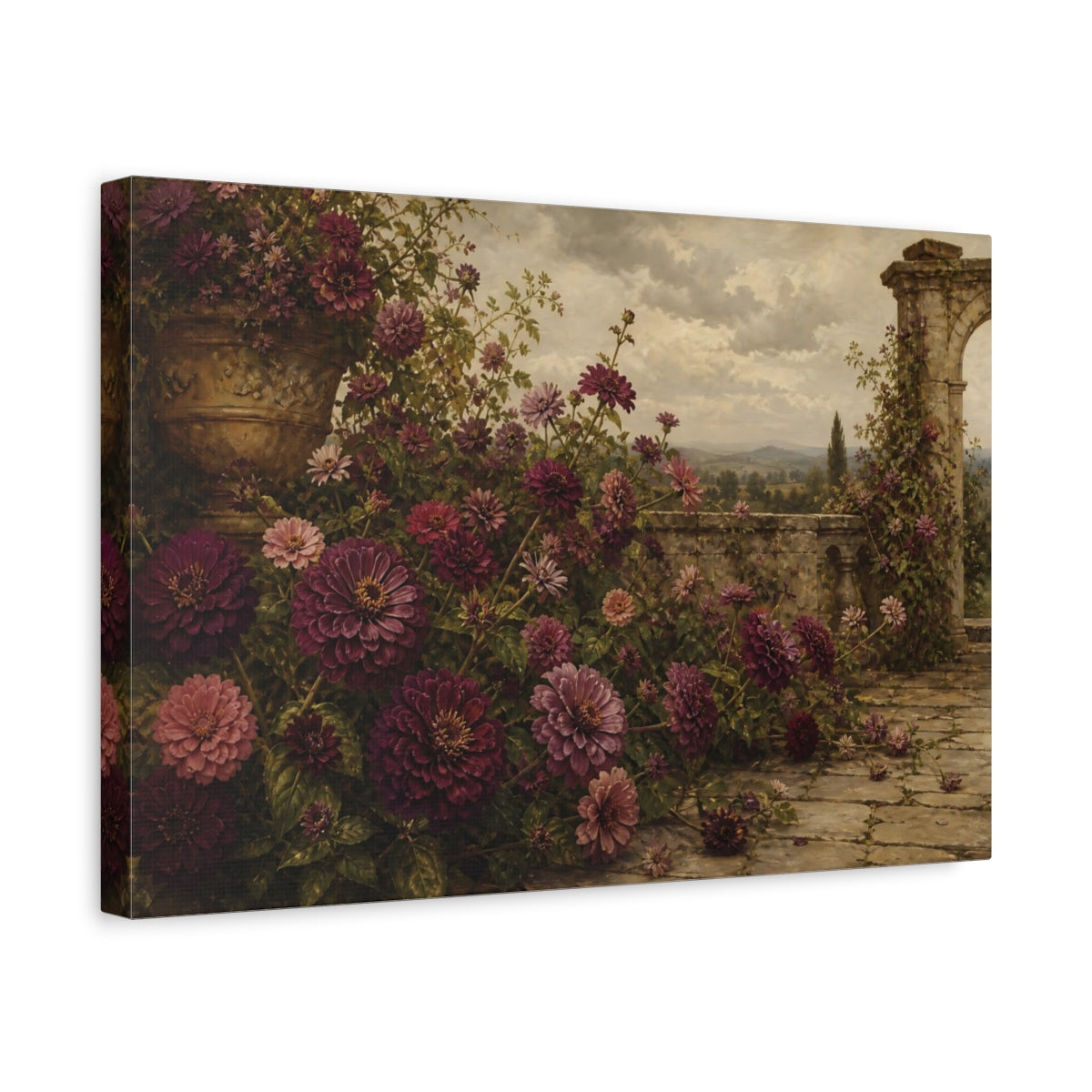 Side Mockup 4. Floral Zinnia Flowers Purple Garden Floral shown as stretched canvas wall art