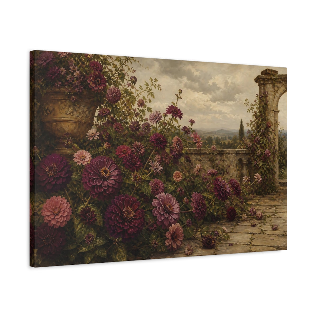 Side Mockup 2. Floral Zinnia Flowers Purple Garden Floral shown as stretched canvas wall art