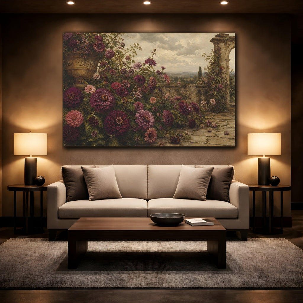 Mockup 2. Floral Zinnia Flowers Purple Garden Floral shown as stretched canvas wall art