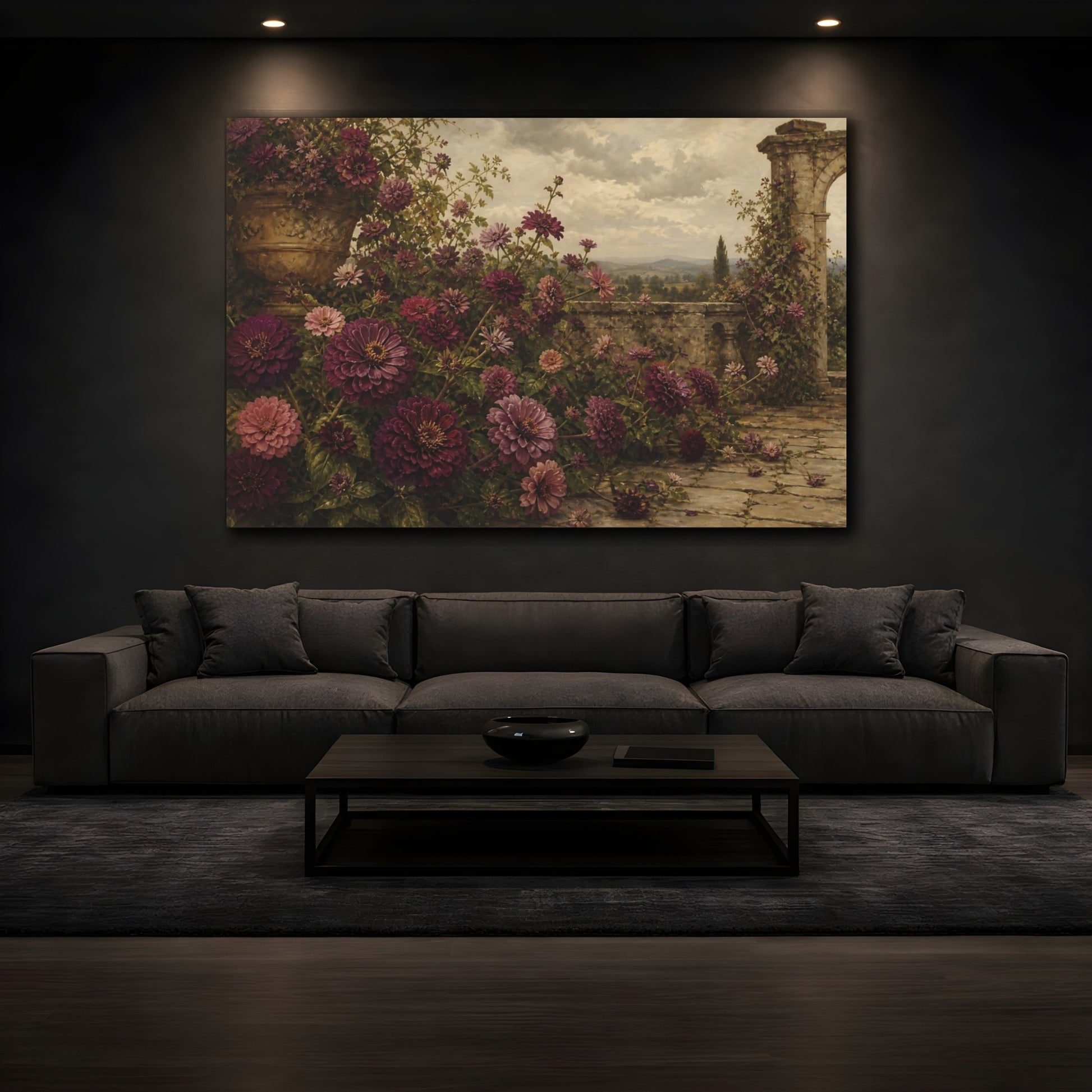 Mockup 3. Floral Zinnia Flowers Purple Garden Floral shown as stretched canvas wall art