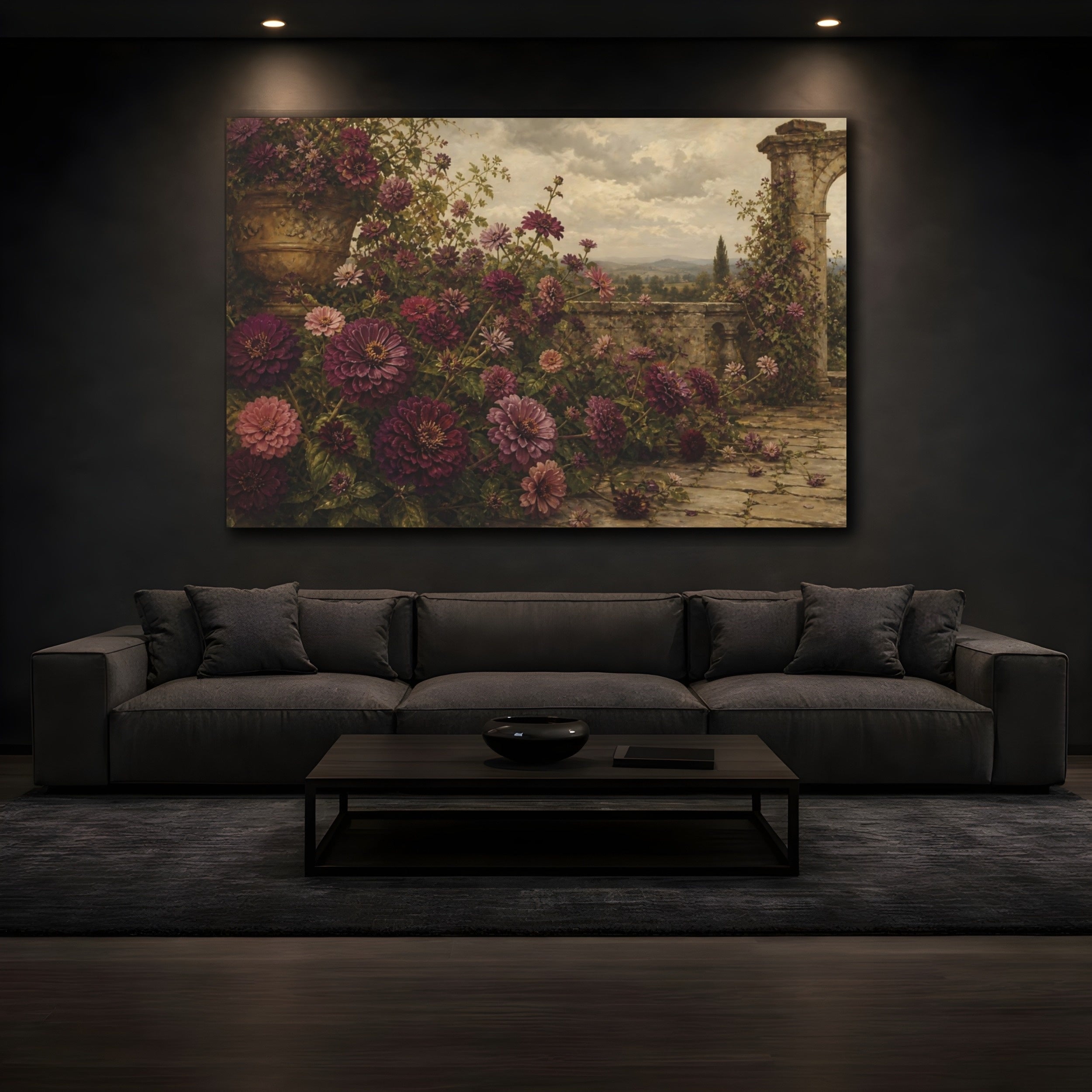 Mockup 3. Floral Zinnia Flowers Purple Garden Floral shown as stretched canvas wall art