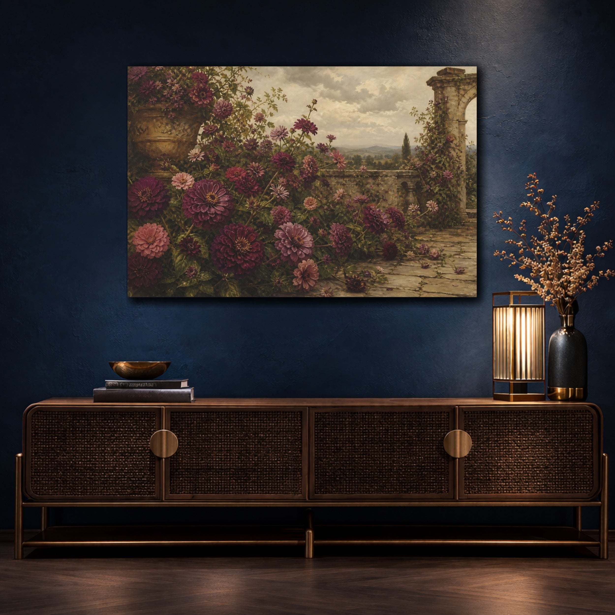 Mockup 4. Floral Zinnia Flowers Purple Garden Floral shown as stretched canvas wall art