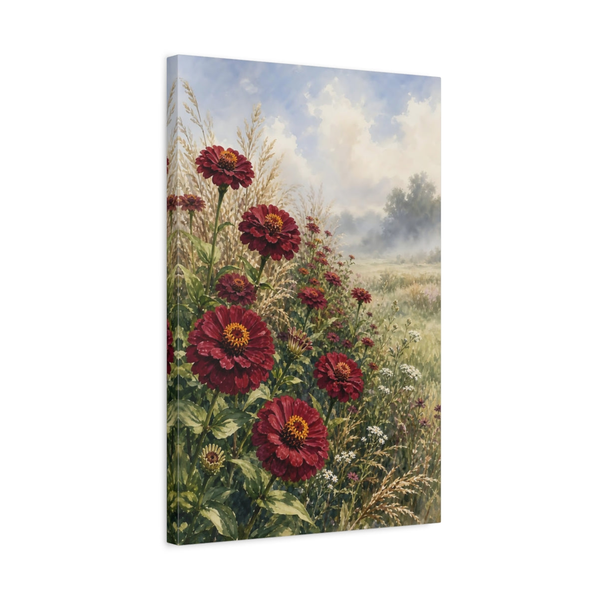 Side Mockup 3. Floral Zinnias Deep Red Zinnias shown as stretched canvas wall art