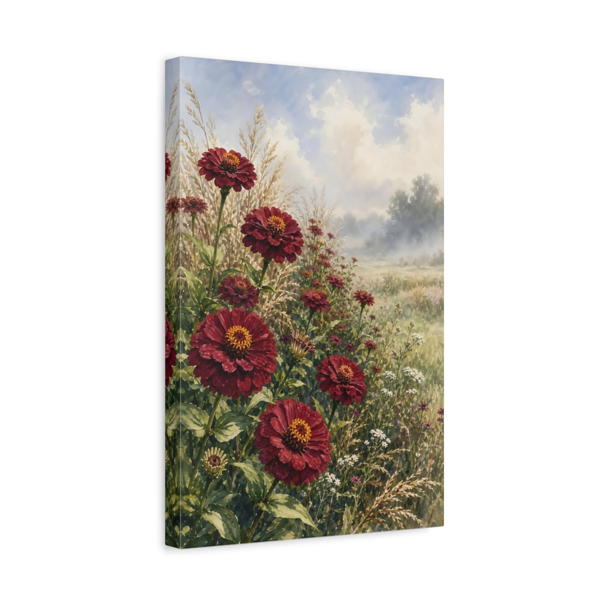 Side Mockup 4. Floral Zinnias Deep Red Zinnias shown as stretched canvas wall art