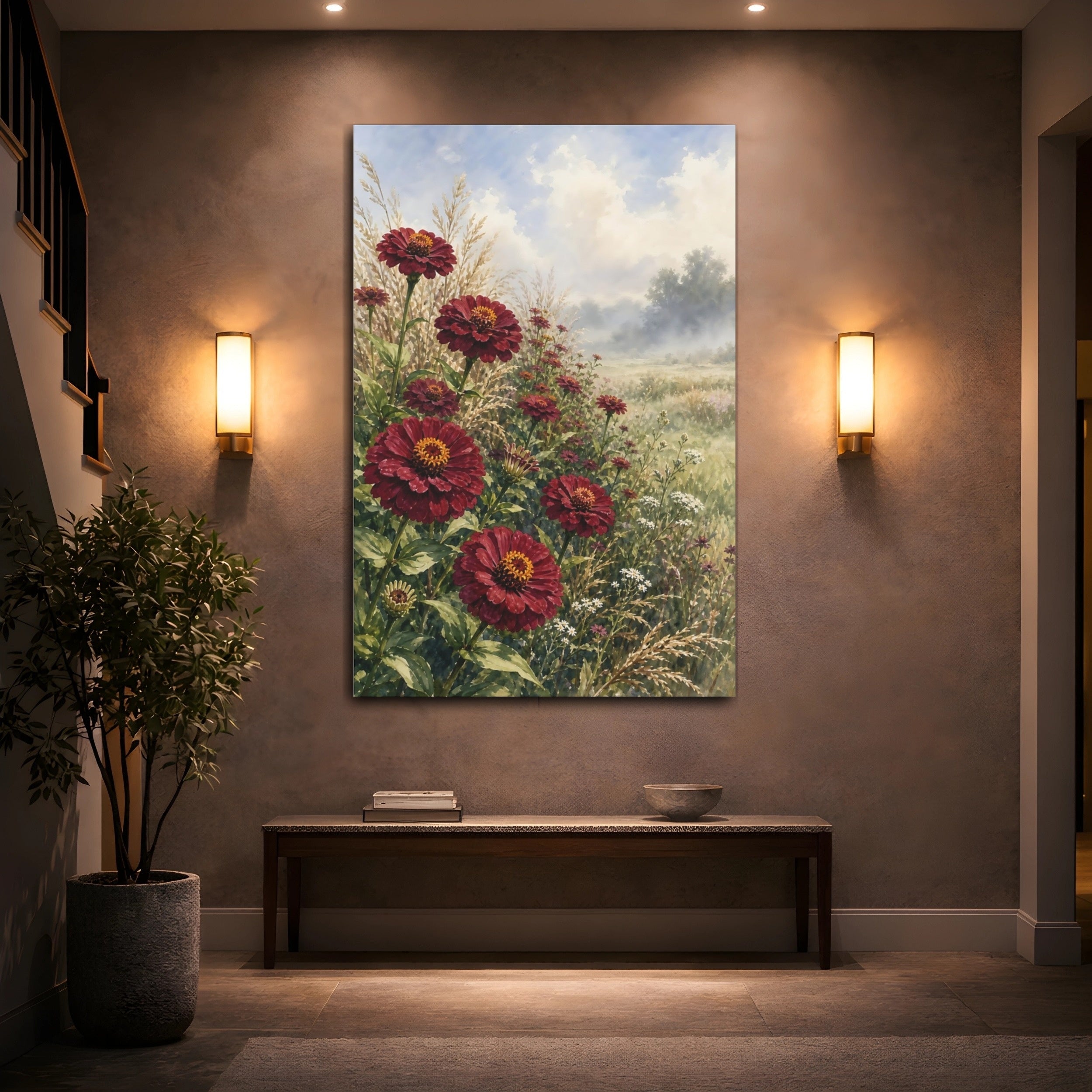 Mockup 2. Floral Zinnias Deep Red Zinnias shown as stretched canvas wall art