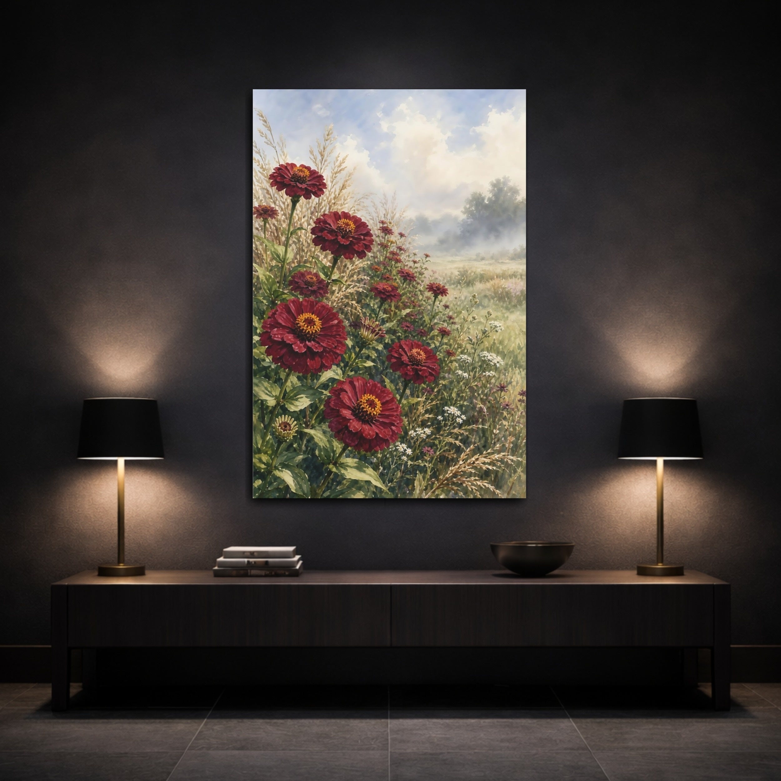 Mockup 3. Floral Zinnias Deep Red Zinnias shown as stretched canvas wall art
