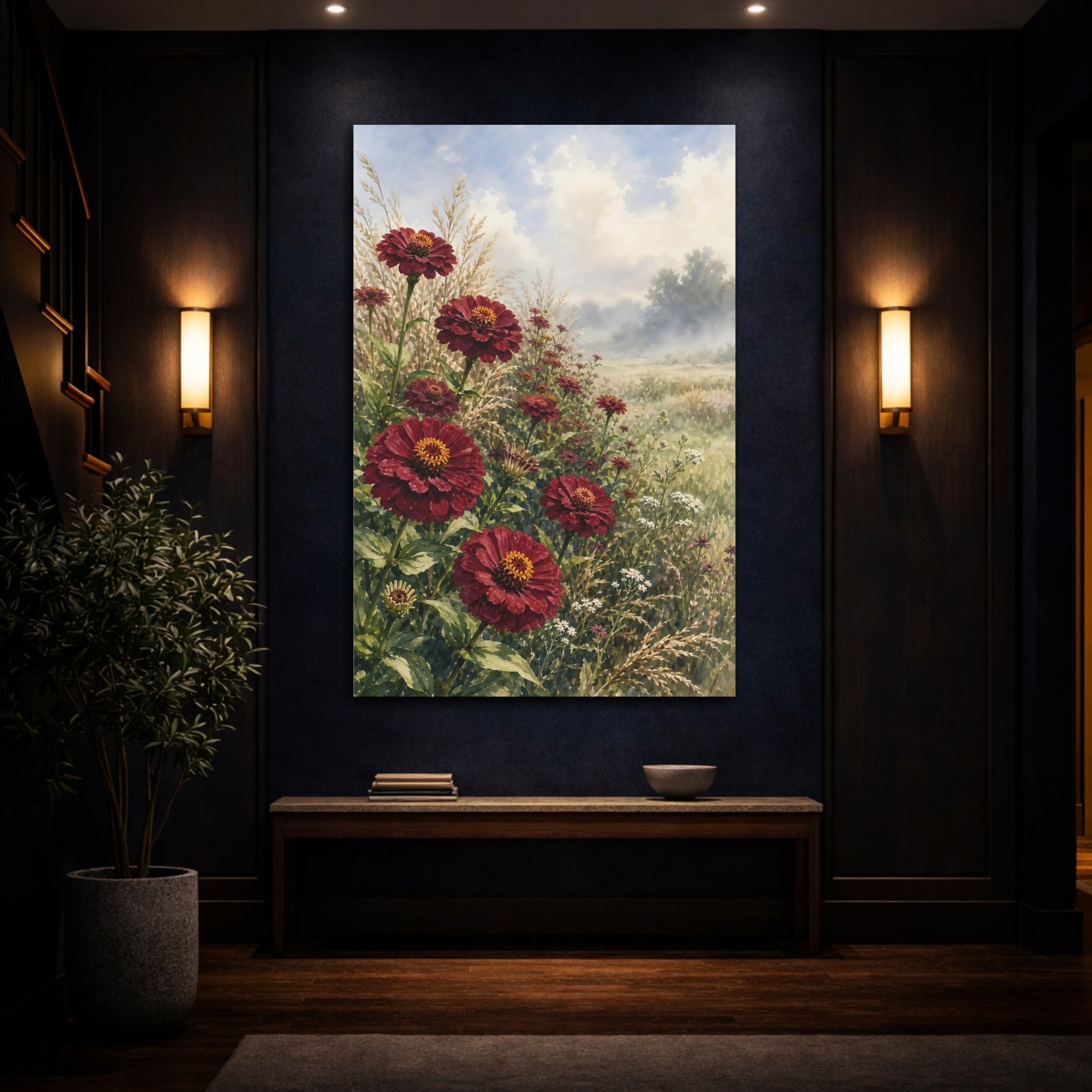 Mockup 4. Floral Zinnias Deep Red Zinnias shown as stretched canvas wall art