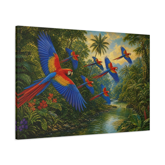 Main Mockup. Flying Scarlet Macaws Over River shown as canvas print
