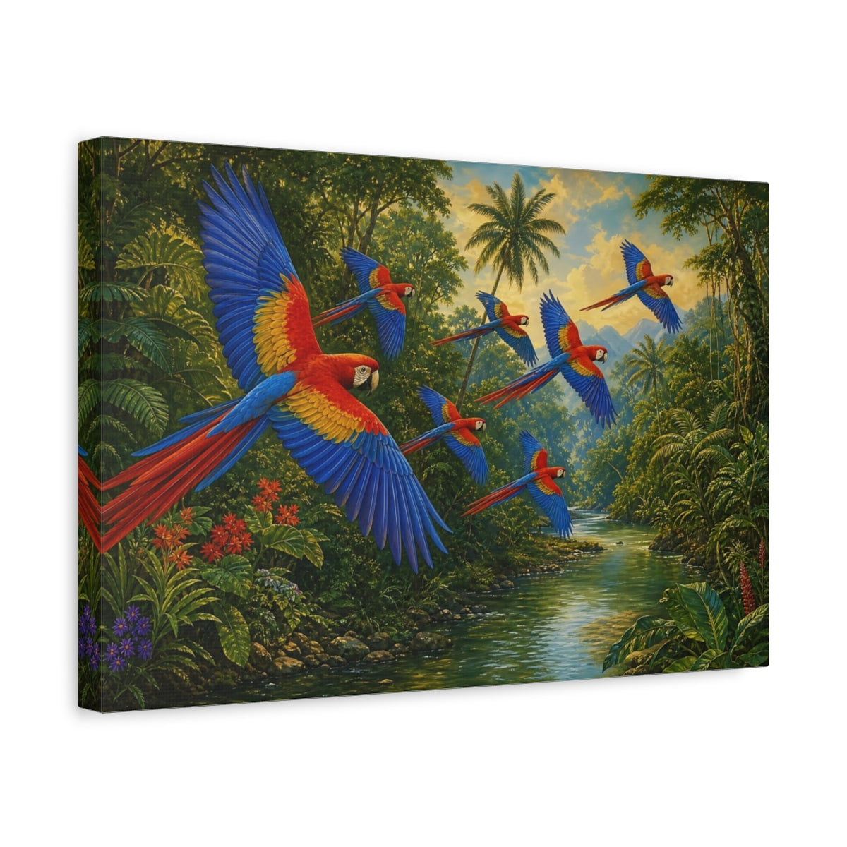 Side Mockup 4. Flying Scarlet Macaws Over River shown as canvas print