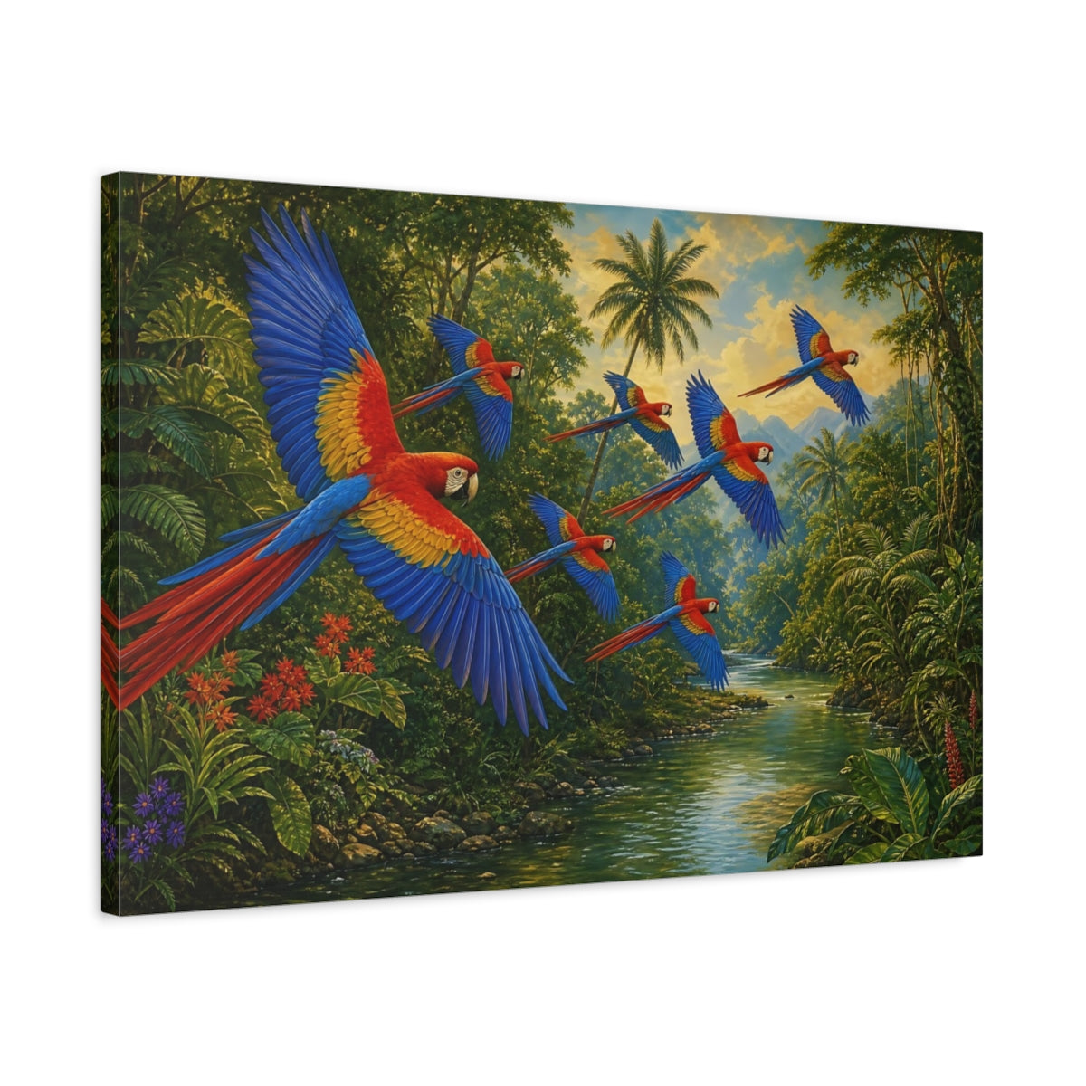 Side Mockup 2. Flying Scarlet Macaws Over River shown as canvas print