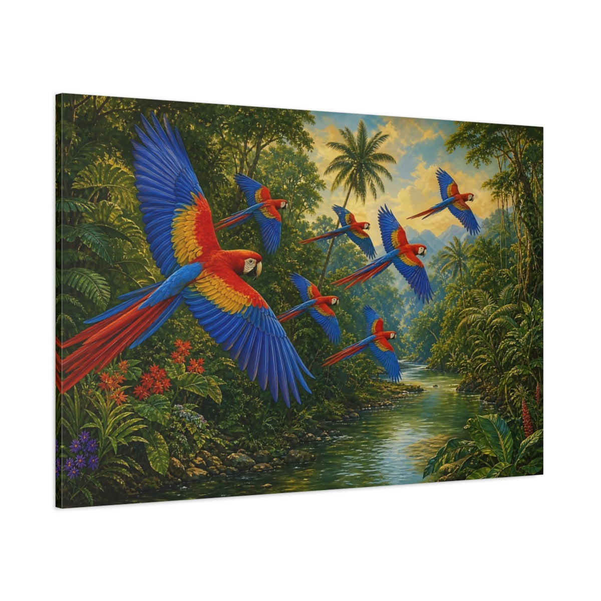 Side Mockup 1. Flying Scarlet Macaws Over River shown as canvas print