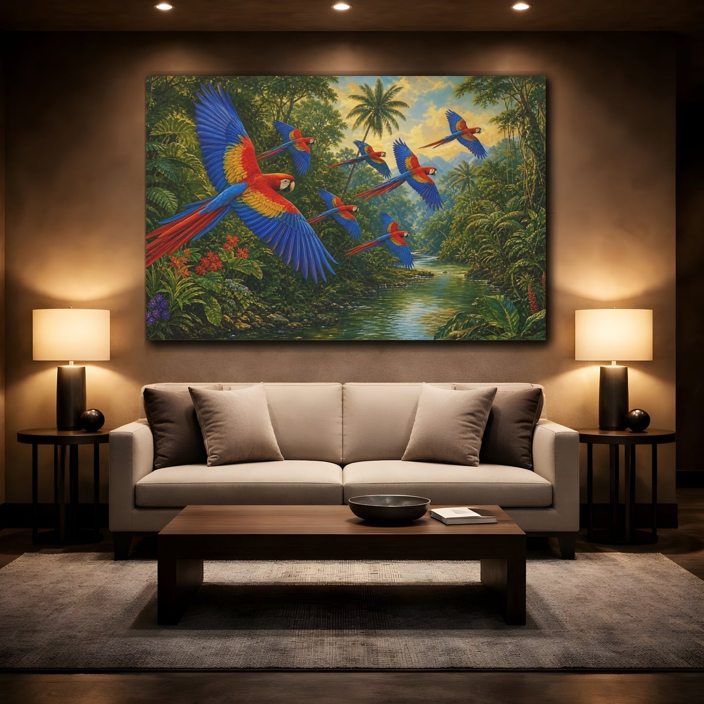 Mockup 2. Flying Scarlet Macaws Over River shown as canvas print