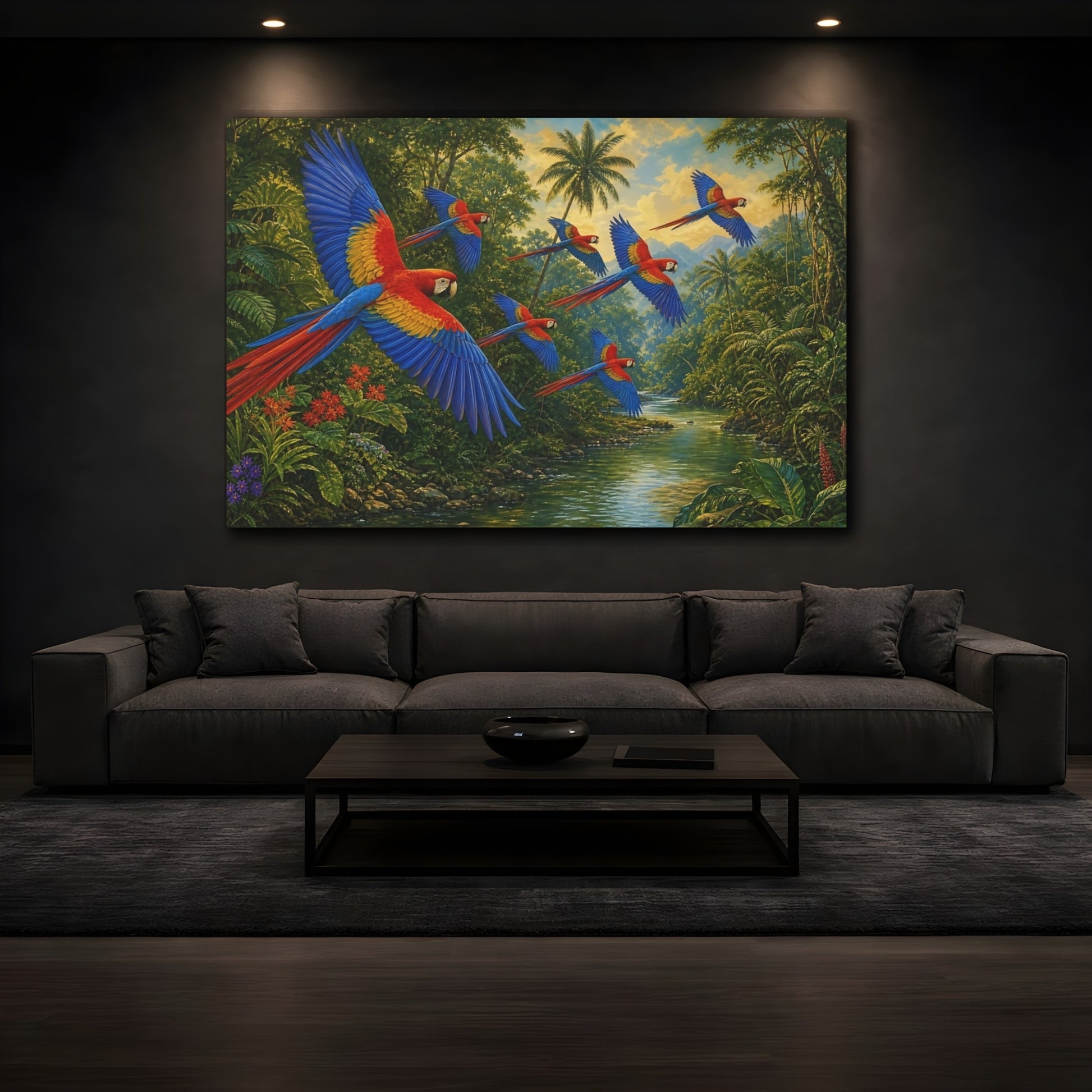 Mockup 3. Flying Scarlet Macaws Over River shown as canvas print