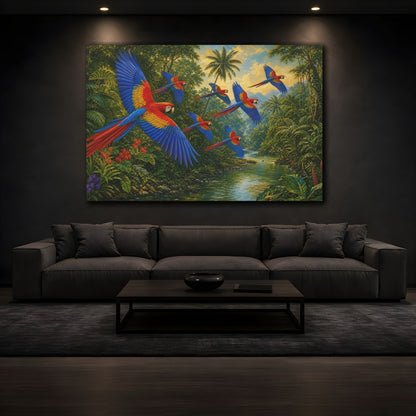 Mockup 3. Flying Scarlet Macaws Over River shown as canvas print
