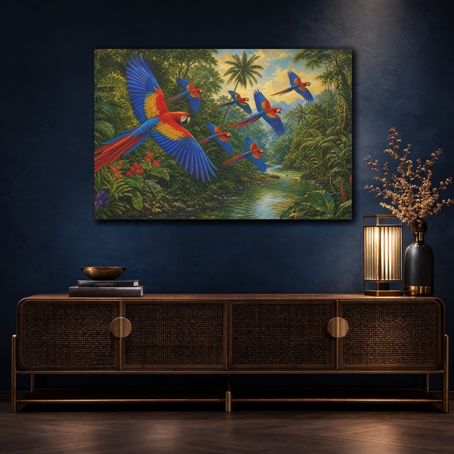 Mockup 4. Flying Scarlet Macaws Over River shown as canvas print