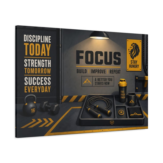 Main Mockup. Focus Gym Motivation shown as canvas print