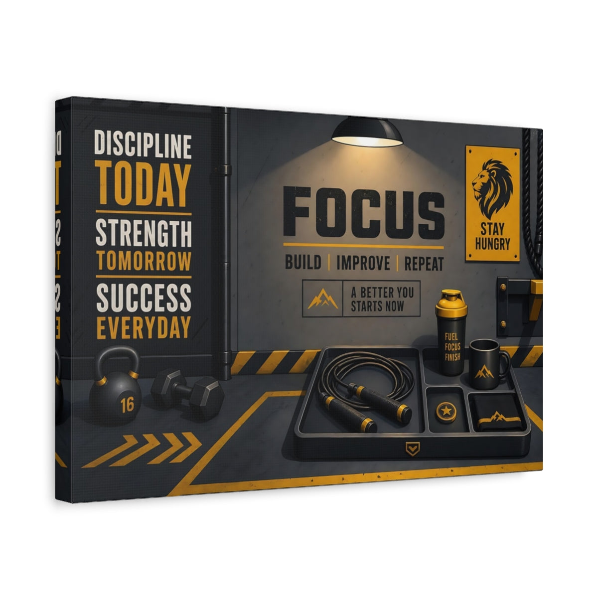 Side Mockup 4. Focus Gym Motivation shown as canvas print