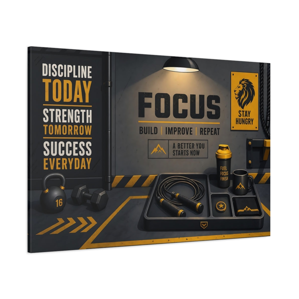 Side Mockup 1. Focus Gym Motivation shown as canvas print