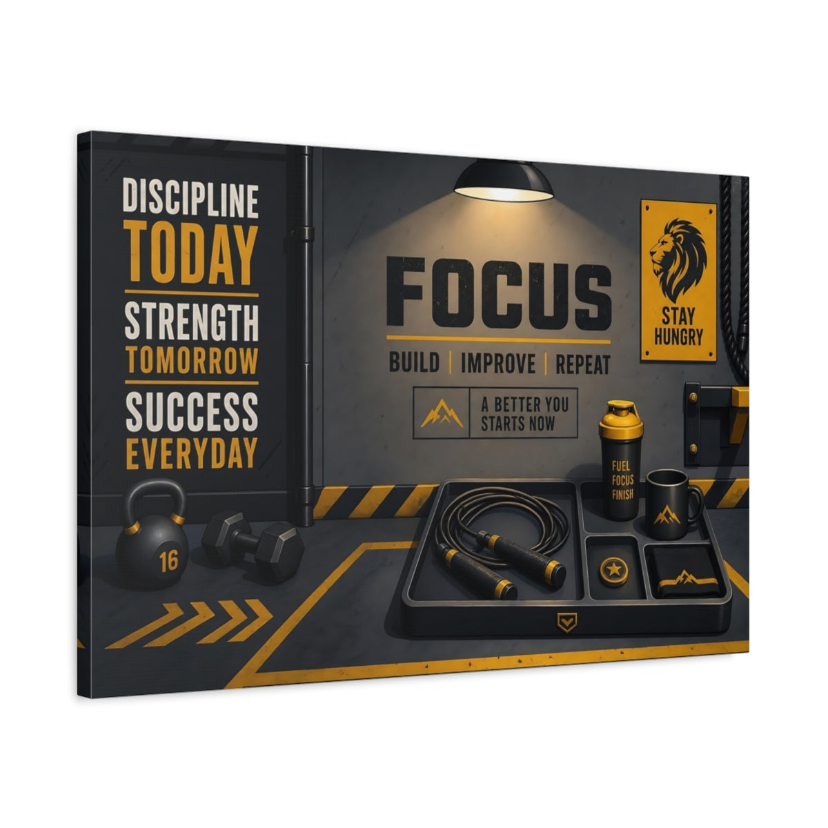 Side Mockup 2. Focus Gym Motivation shown as canvas print