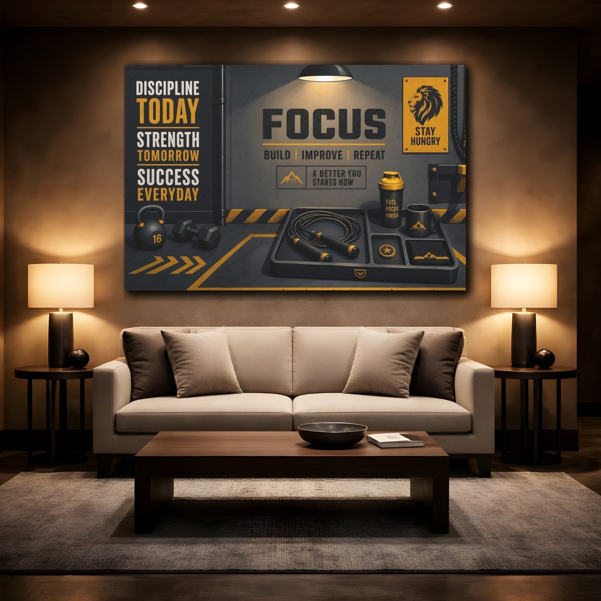 Mockup 2. Focus Gym Motivation shown as canvas print