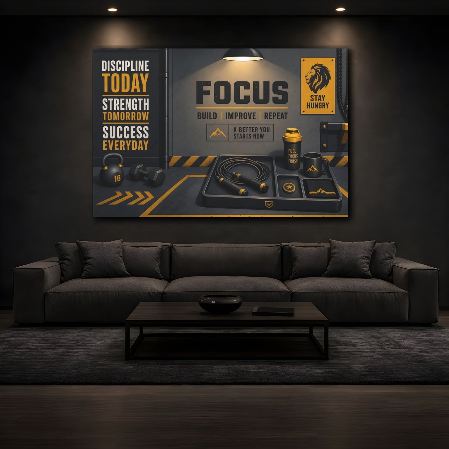 Mockup 3. Focus Gym Motivation shown as canvas print